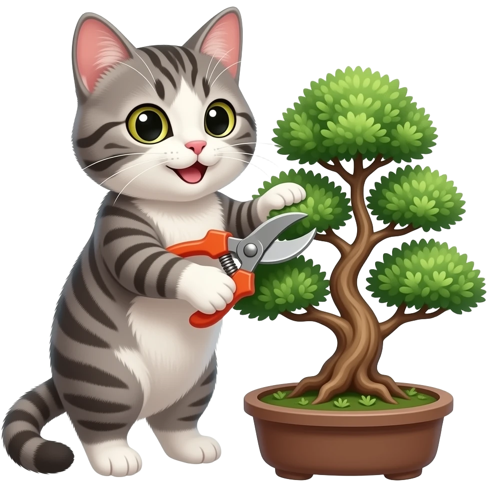 a happy cat trimming a bonzai tree emoji