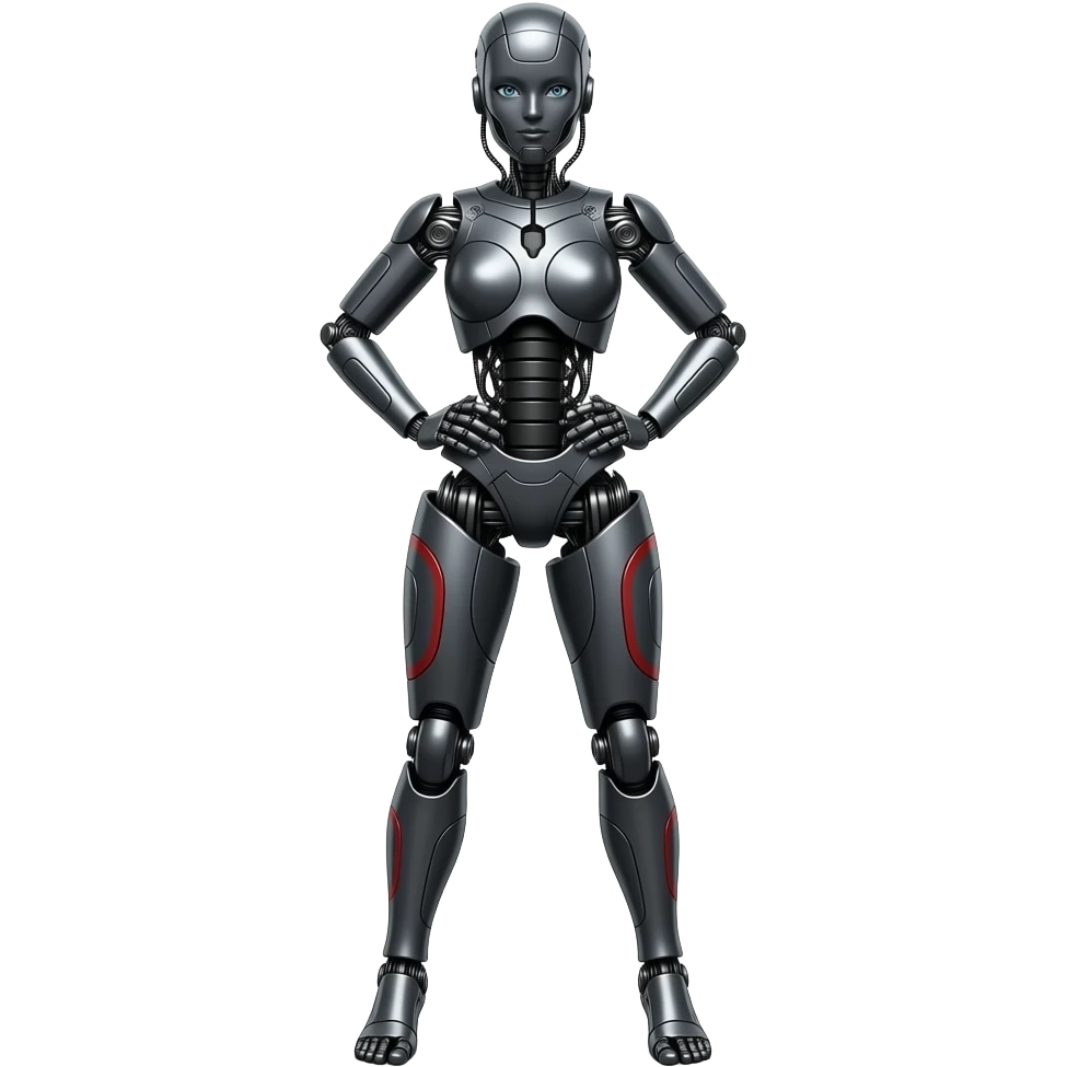 A full length body, female robot made of dark gray steel with black and red markings, full body, sexy pose, robot head, robot face, no human features. full  body pose emoji