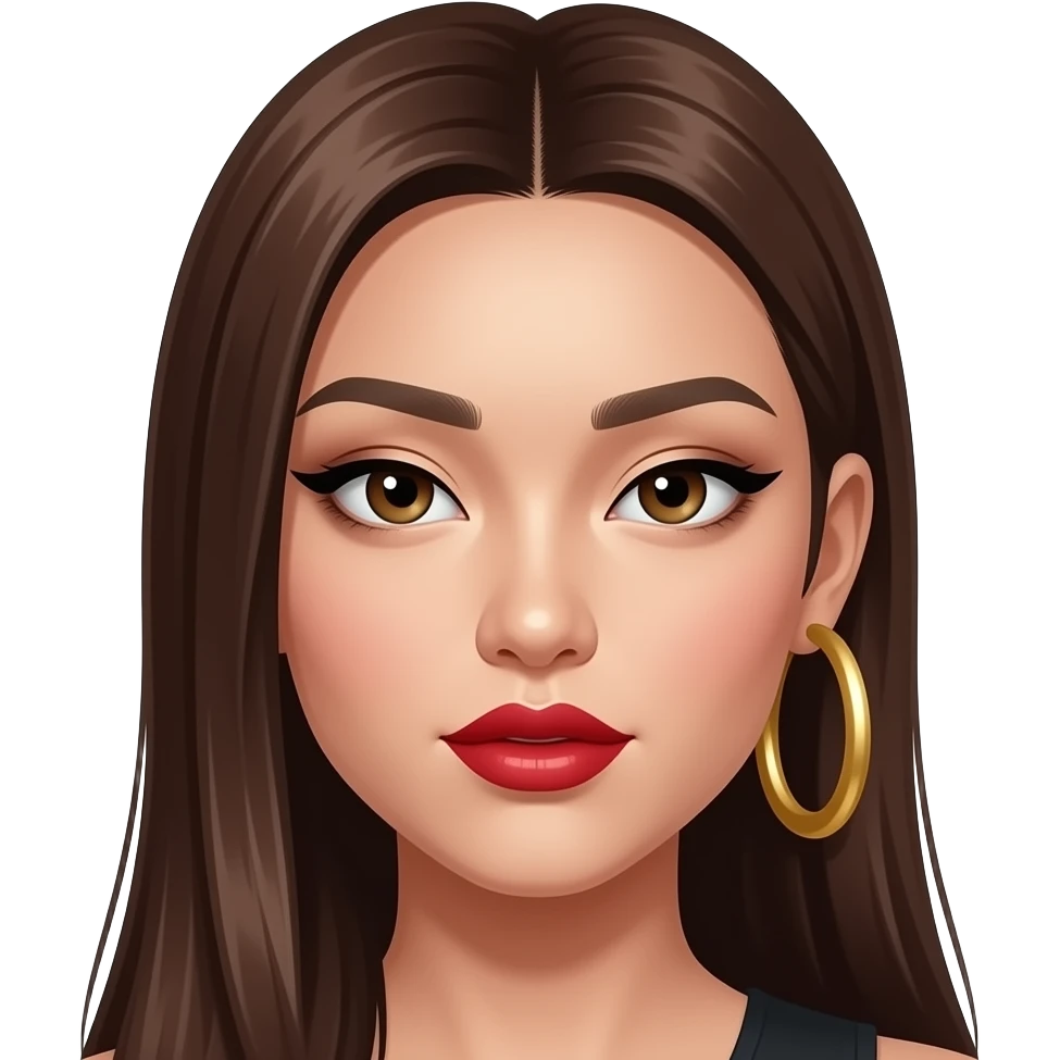 asian baddie with long brown straight hair  side partedwith big thick gold hoop earring and monolid eyes with red lipstick and cateye eyeliner and eye inner corner eyeliner fox eye no double eyelids narrow eyes, monolids only makeup emoji