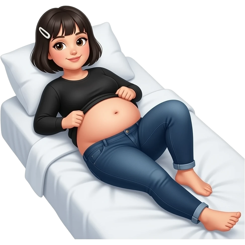 White woman with black short hair, white hair clip, black long sleeve shirt, dark blue jeans, and a chubby body laying on bed showing her feet lifting her shirt to show her chubby belly emoji