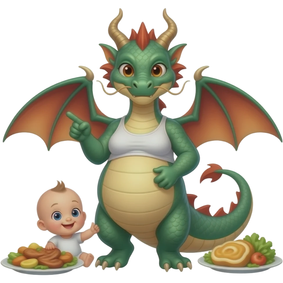 A female eastern dragon,enjoyed a great buffet,now she pretends she has a twin baby bump,she sticks out her big full stomach,she is just perfect pointing cutely at her food baby,it is a guessing game with her bun in the oven,but she knows she is just fat,her bellybutton makes agreement with clues. emoji