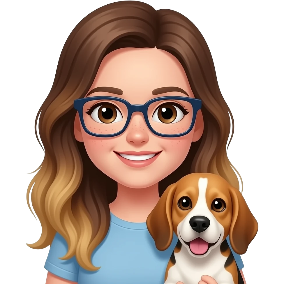 Girl with long brown balayage hair, parted on the left side with dark brown eyes and pale skin and freckles holding an old beagle. The girl has rectangle navy glasses on. The beagle looks happy emoji