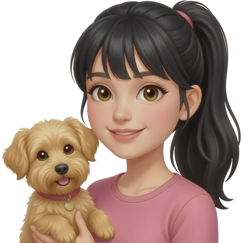 Girl with black hair ponytail (no bangs) and brown eyes holding a blonde terrier dog emoji