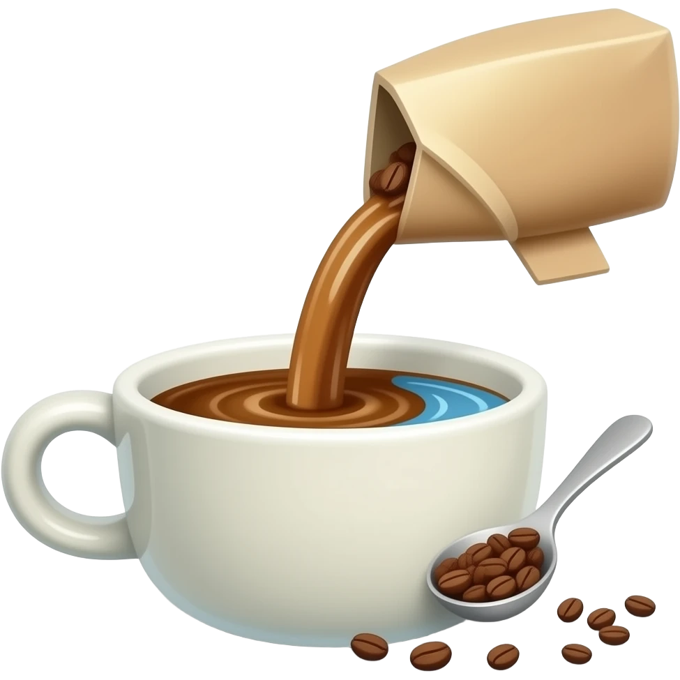 Minimal emoji-style illustration of instant coffee being poured into a small cup with a little water.
Coffee granules falling from a sachet or spoon, soft motion effect.
Clean, simple shapes, warm brown tones, light pastel cup, centered, minimal background. emoji