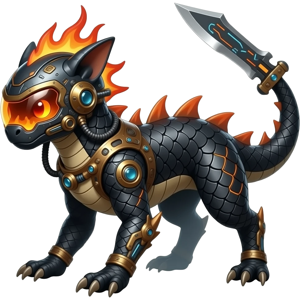 Cool edgy fiery bipedal scaly cybernetic visor-helmeted, Circuitry-patterned black-scaled digitigrade futuristic fantasy-Cyberpunk-Steampunk-Solarpunk-Sharpedo-Gabite-Genesect-Cyclizar-Salandit-Protogen-Fakémon-hybrid, tail blade, back spikes emoji