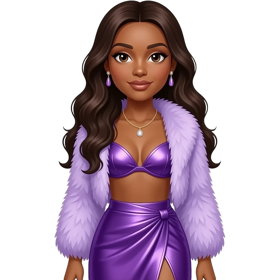 Tenitra Michelle Williams with dark brown eyes, long dark brown hair, lilac fur shawl, purple metallic bra, purple metallic long wrap skirt, necklace and earrings emoji