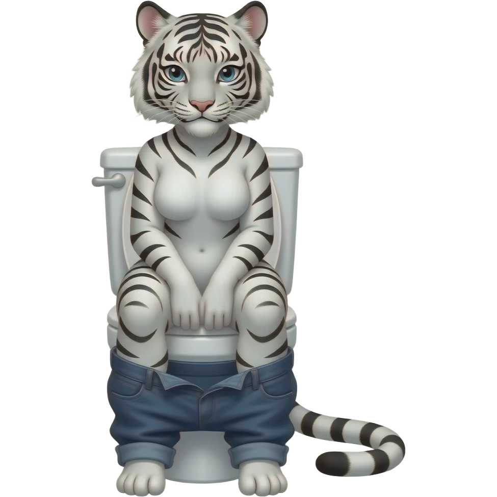 Female white tiger furry person woman,sit on toilet,fursona,pants down,only see feet emoji