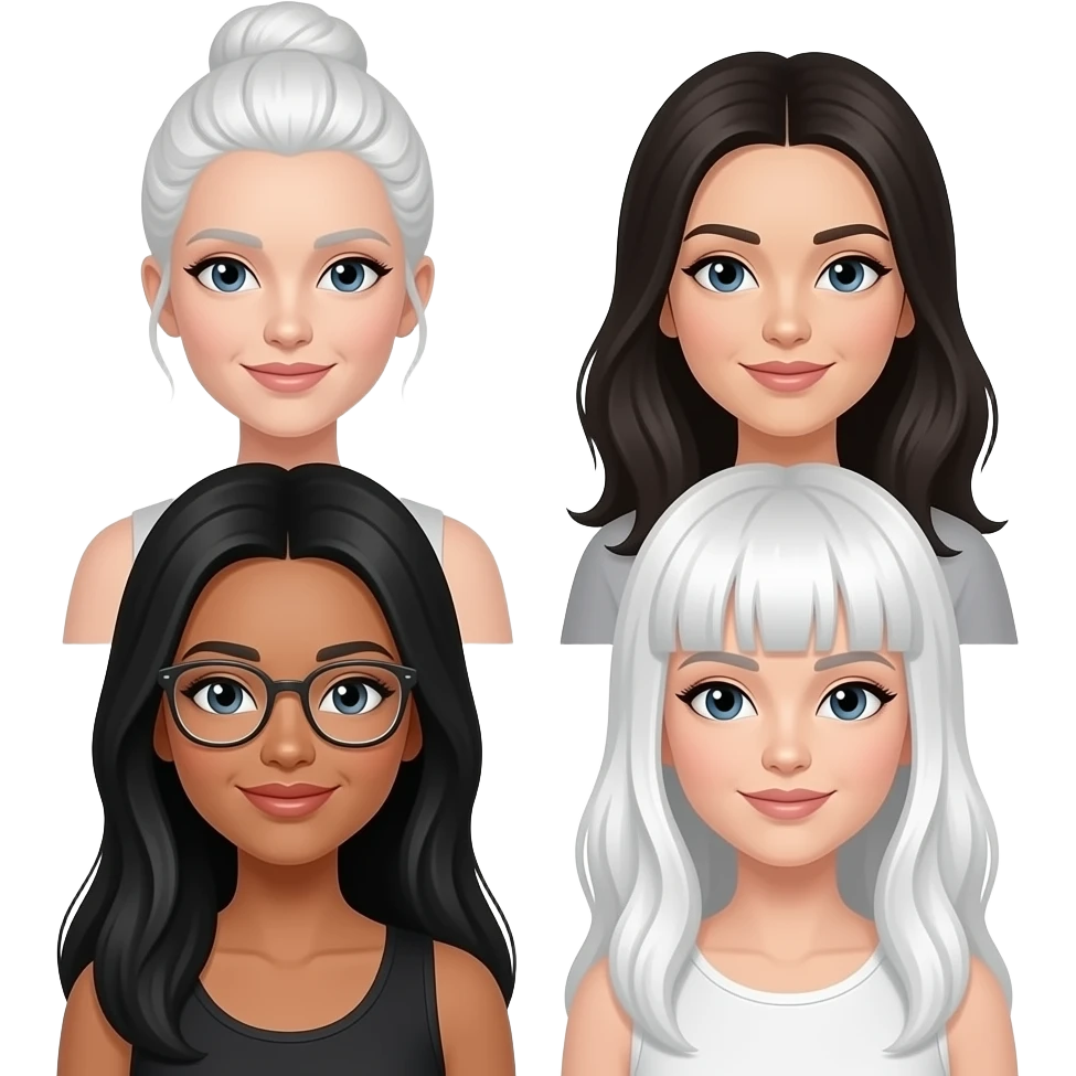 sies amigas una con el pelo recogido y blanca 2 con el pelo negro y largo  y morena una con lentes morena y de pelo negro y pelo largo  una blanco con fleco y pelo largo emoji