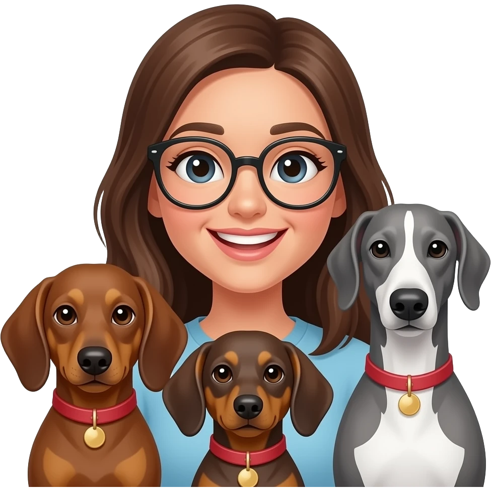 a brunette girl with glasses and a big smile, with her 3 dogs: 2 wiener dogs and one grayhound emoji