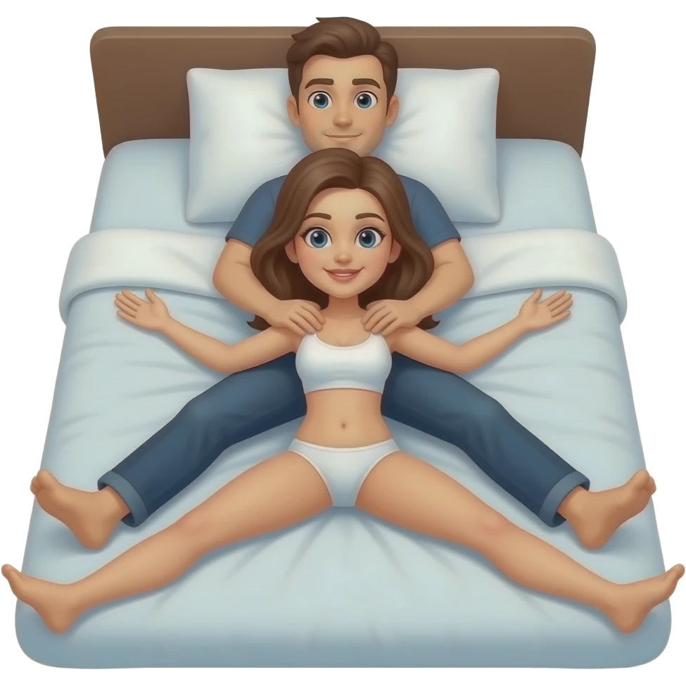 woman with brown hair laying on bed with legs spread wide, man on top emoji