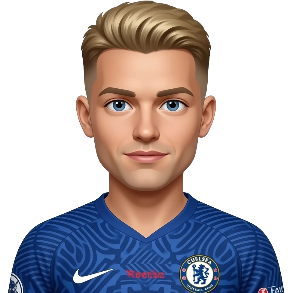 Make Cole Palmer in a Chelsea jersey. make him blonde and skinny. make his face skinnier and give him hair, specifically a distinct French crop with a mid-drop fade emoji