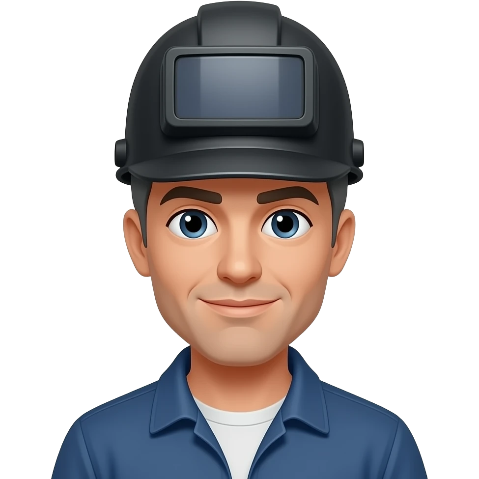 man with gray and black hair mixed like a bridge. He's wearing a welder's hat. don't have a beard emoji