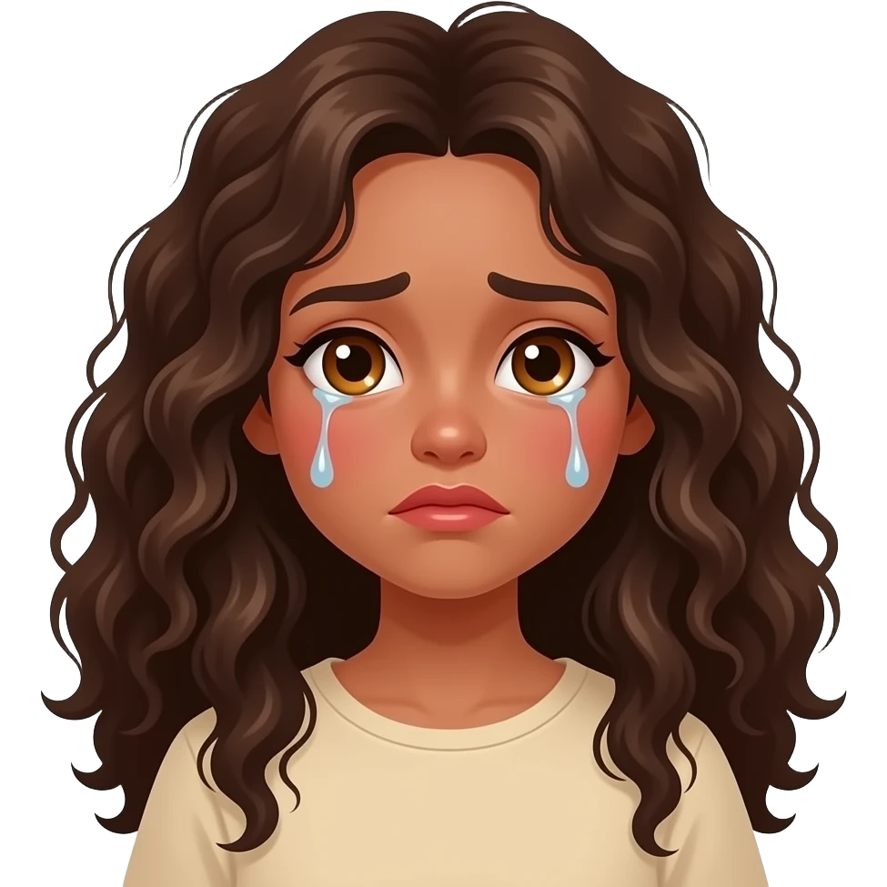 sad crying girl, medium brown skin, long wavy dark brown curly hair, amber eyes, tears on cheeks, red flushed cheeks, beige top emoji