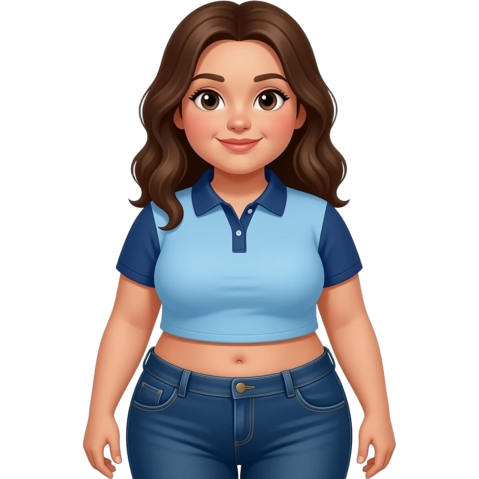 Fat hispanic girl with brown hair, light blue and dark blue cropped polo, and dark blue jeans with a belly button emoji