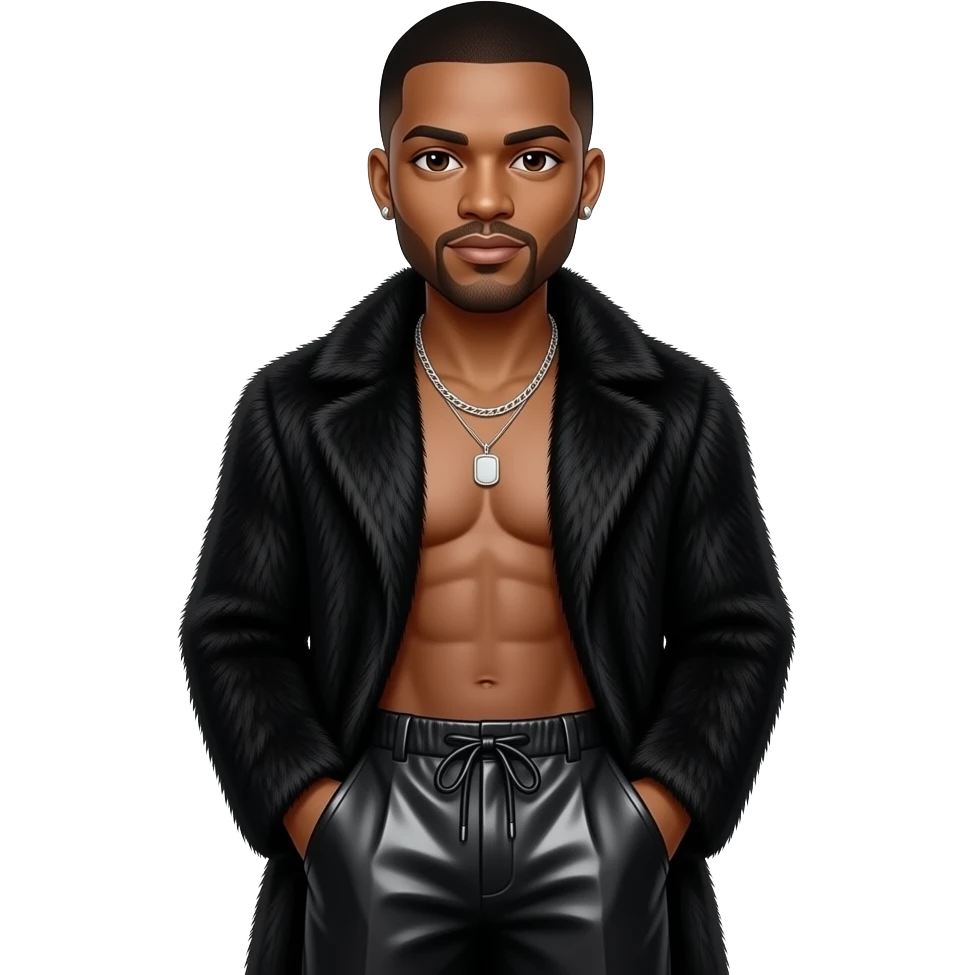 Jussie Smollett with dark brown eyes, black buzz cut hair, black fur coat, black metallic baggy pants, shirtless with necklace and earrings emoji