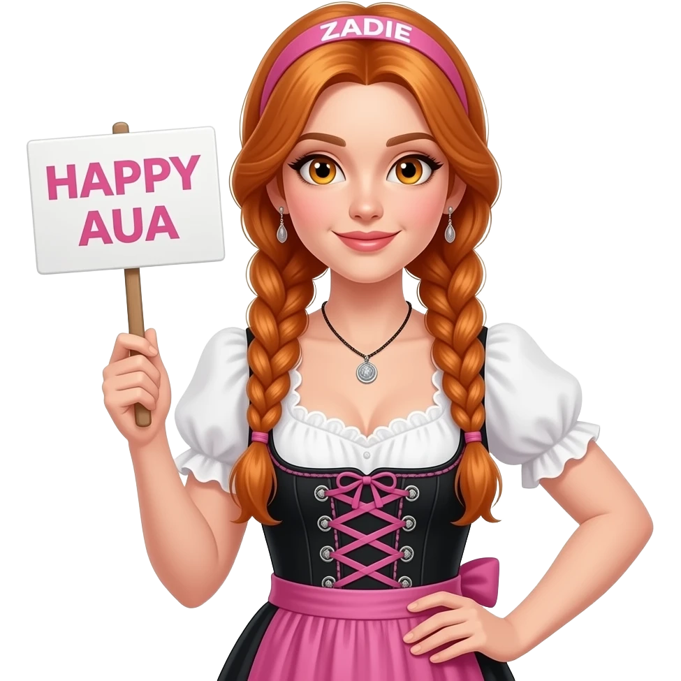 sexy girl with overlong ginger braids and ginger eyes wearing a black pink dirndl and a pink headband with ZADIE written on it, is holding a sign with HAPPY AUA written on it emoji