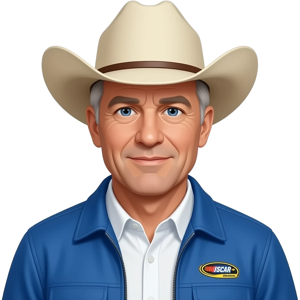 Male, 60s, silver hair, cowboy hat, white shirt, blue nascar jacket emoji