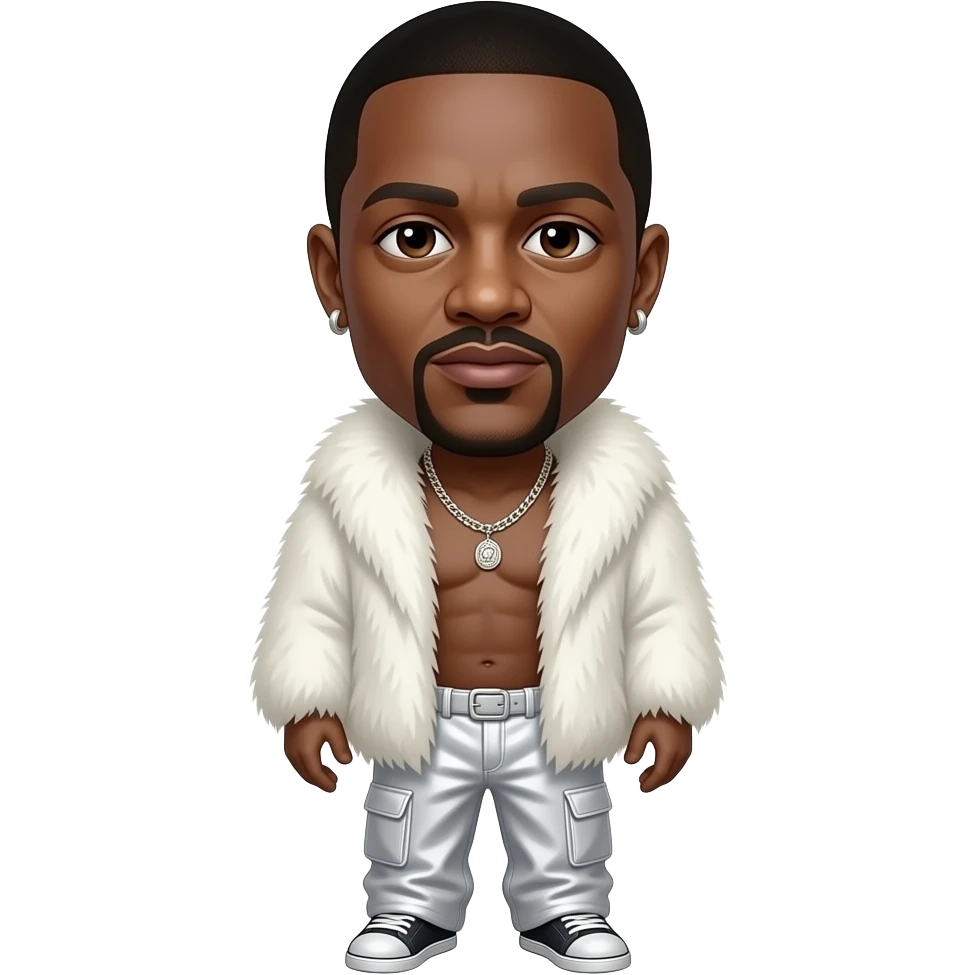 P. Diddy with dark brown eyes, black buzz cut hair, white fur shawl, white metallic baggy pants, shirtless with necklace and earrings emoji
