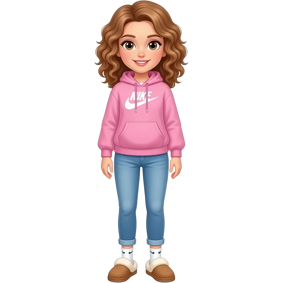 make a tall girl with light brown hair that is curled. make her wearing light colored jeans and a light pink Nike hoodie. make her wearing Nike socks and uggs slippers emoji
