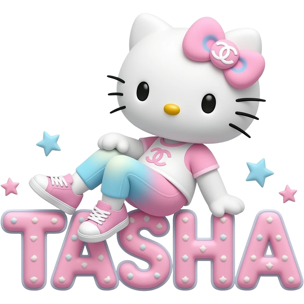 4D Velvety fur texture hello kitty wearing ombre white and blue and pink ombre pastel colored leggings and sneakers, and with the Chanel symbol on her ombre pastel bow sitting sideways leaning back on top of the velvety 3D outlined letters TASHA surrounded with tiny ombre pastel stars made of candy emoji