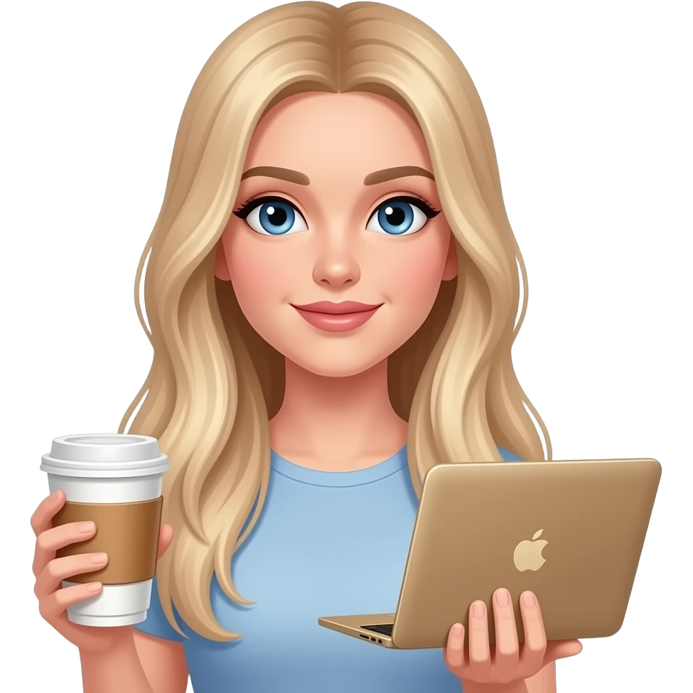blue eye woman with very long straight blond hair and very light ombré with late coffee and MacBook gold emoji
