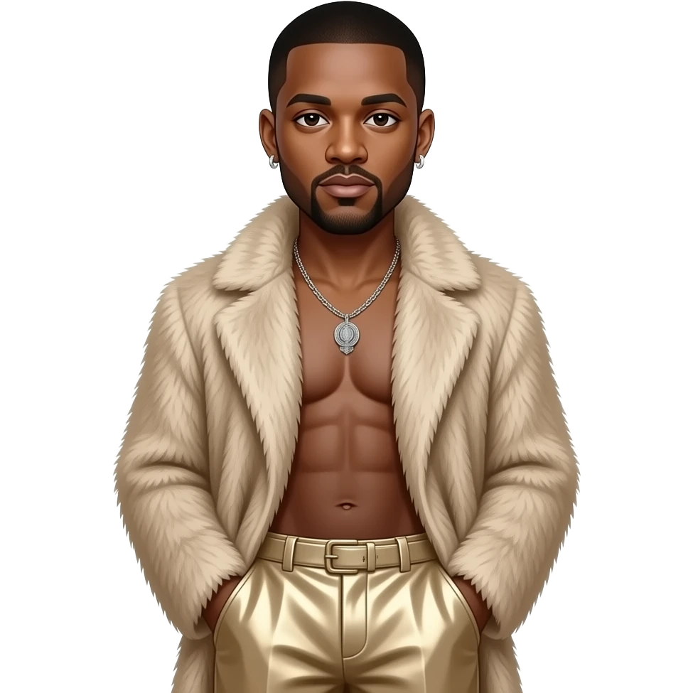 Kanye West with dark brown eyes, black buzz cut hair, beige fur coat, beige metallic baggy pants, shirtless with necklace and earrings emoji
