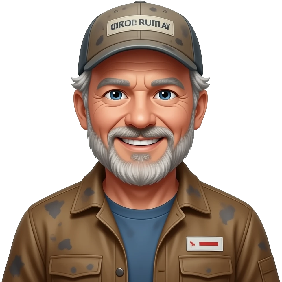 Male, 60s, rugged, gap toothed grin, scruffy grey hair, weathered beard, oil stained cap, brown utility jacket emoji