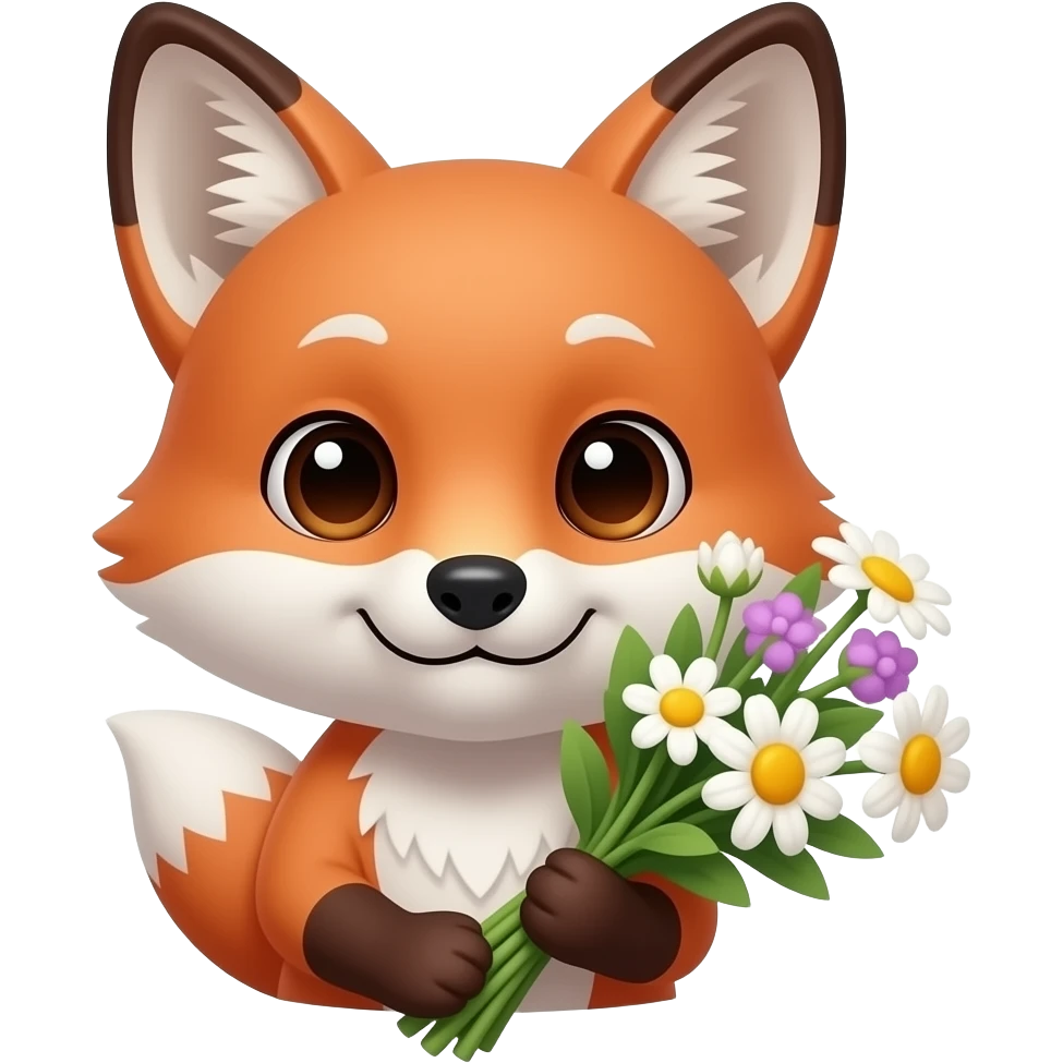 a bust shot of a cute fox holding flowers emoji