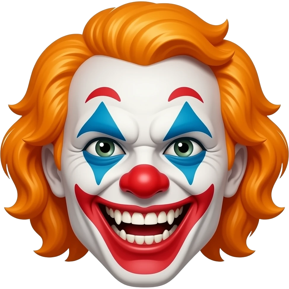 An evil , demonic clown with orange hair, head only, wicked grin, hyper real, crazy makeup, scary, hyper real, ultra real emoji