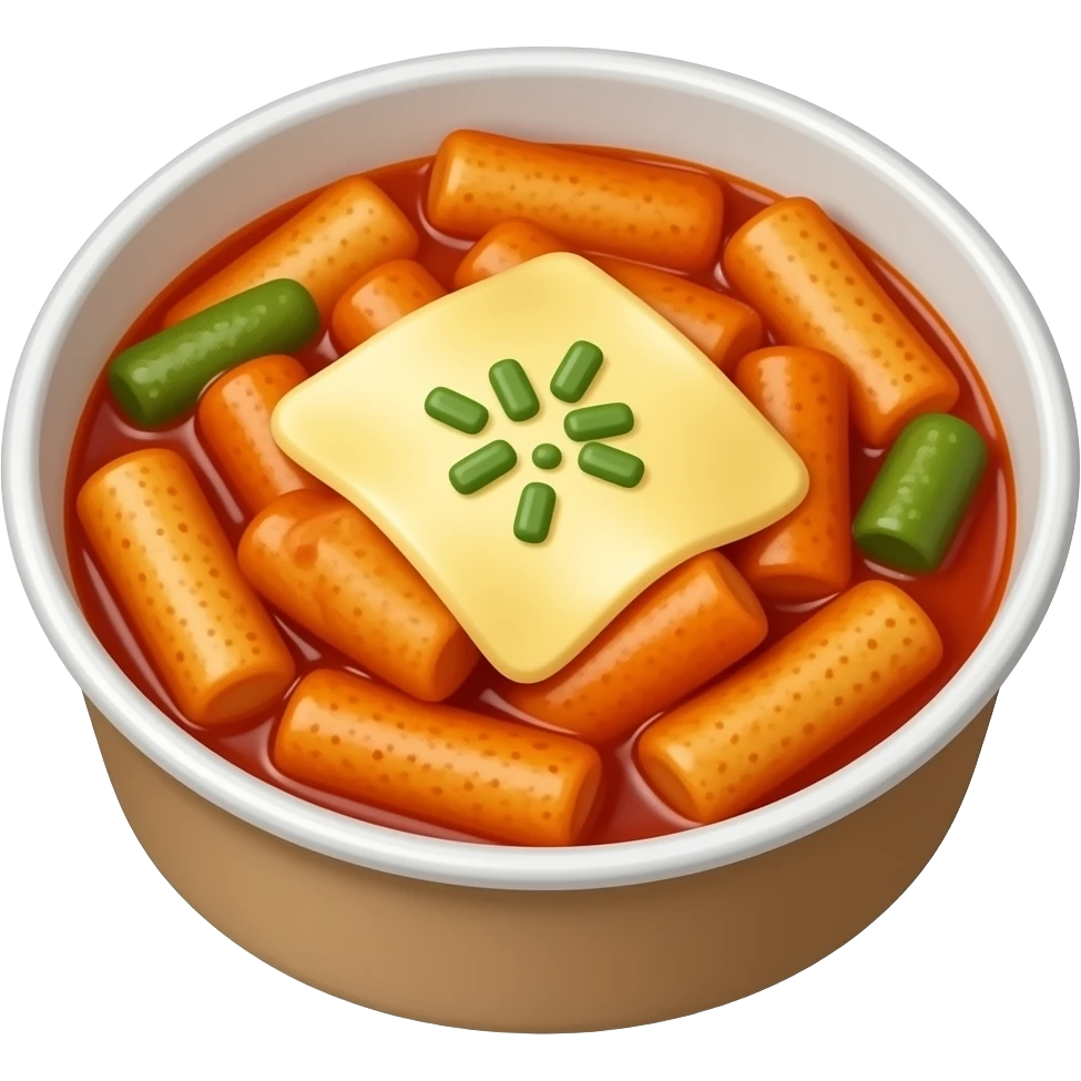 korean tteokbokki with melted mozzarella cheese in round disposable container emoji