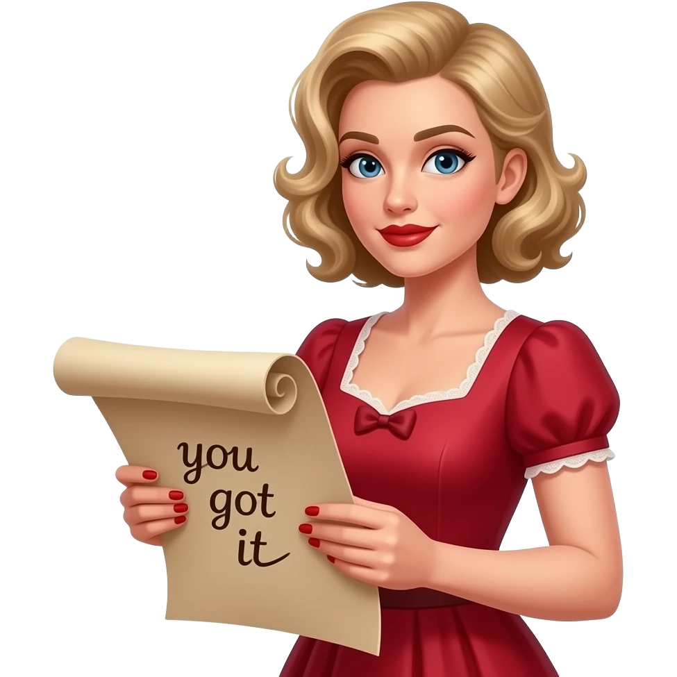 Short curly blond hair side swept Holding an open scroll saying you got it with red nail polish, brown lipstick and red vintage dress emoji