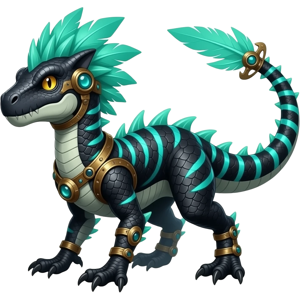Cool edgy ancient black-scaled with neon-cyan stripe markings digitigrade bipedal vintage futuristic raptorik fantasy-Cyberpunk-Steampunk-Solarpunk-Genesect-Salamence-Cyclizar-Salazzle-Feraligatr-Fakémon-animal-hybrid, with neon feather-mane, and a tail blade, back spikes, full body emoji