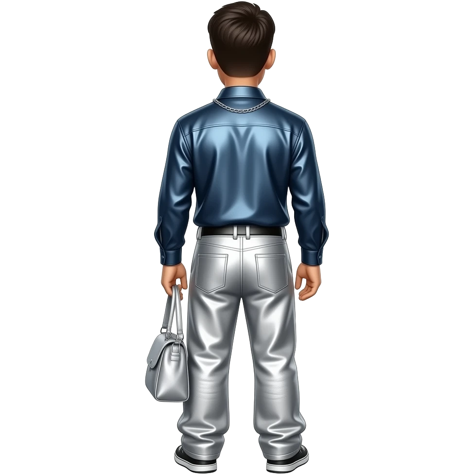 Justin from behind with dark blue metallic shirt, silver metallic baggy pants, necklace emoji