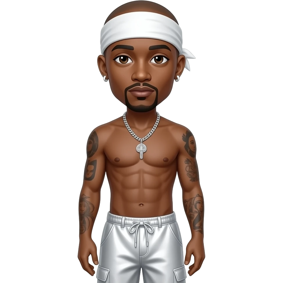 Tupac with dark brown eyes, bald, white headscarf, white metallic baggy loose pants, shirtless with necklace and earrings emoji