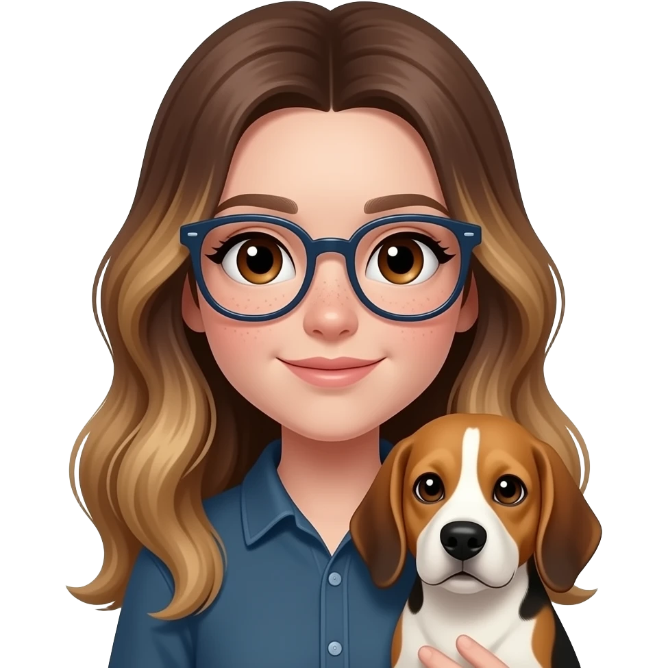 Girl with long brown balayage hair, parted on the left side with dark brown eyes and pale skin and freckles holding an old beagle. The girl has rounded rectangle navy glasses on emoji