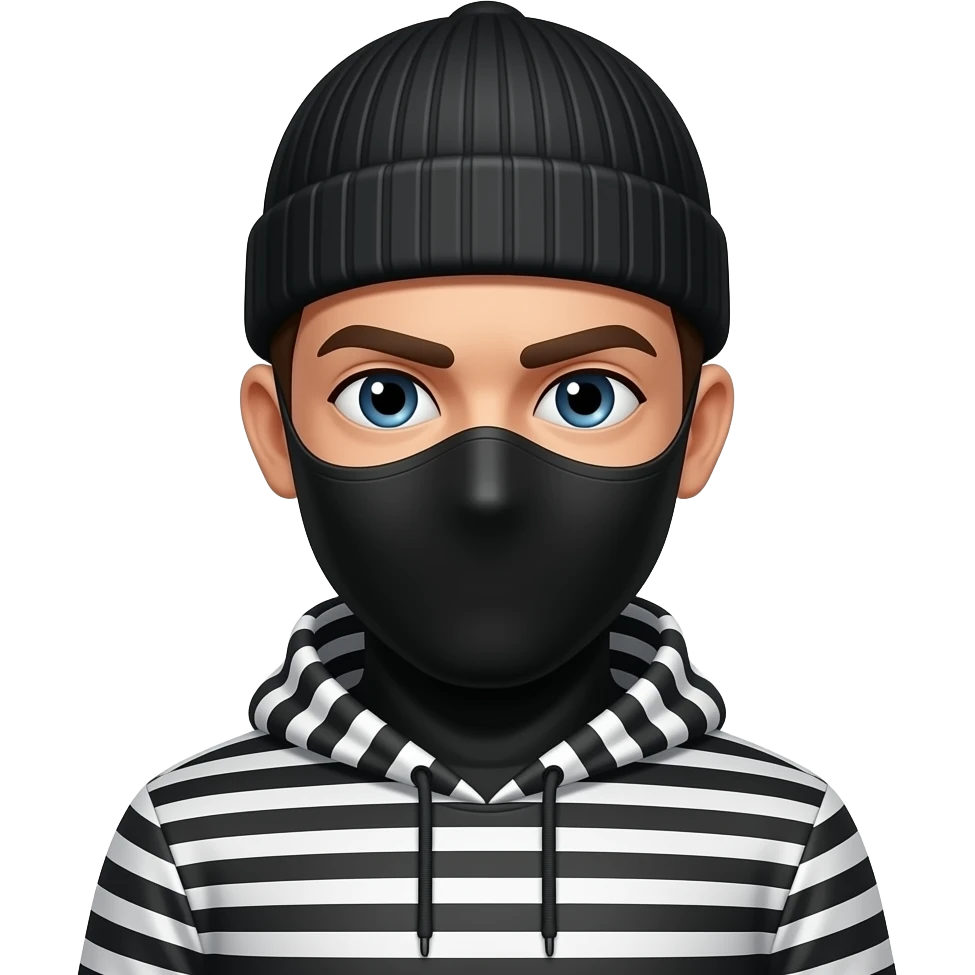 Robber emoji wearing a black and white striped clothes with a black beanie Black mask over the eyes only emoji