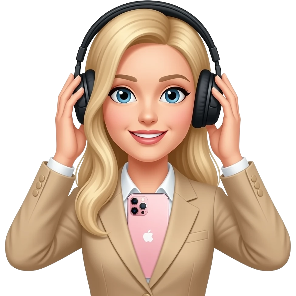 Woman in blonde hair and beige suit wear a black headphones on head connect to pink iphone max pro and hold on headphones on head with hands emoji