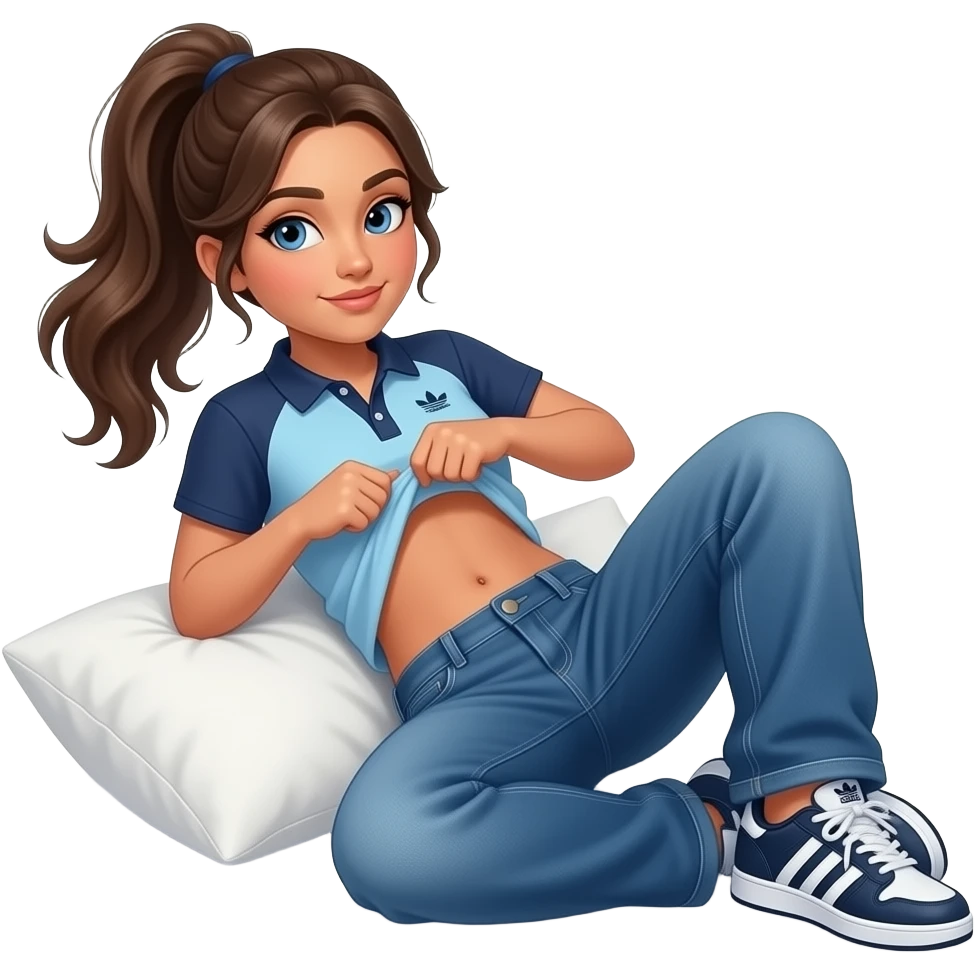 Hispanic girl with brown ponytail and blue eyes light blue and dark blue polo and dark blue baggy jeans and belly button laying down on her pillow on her bed showing her adidas sneakers lifting her shirt emoji