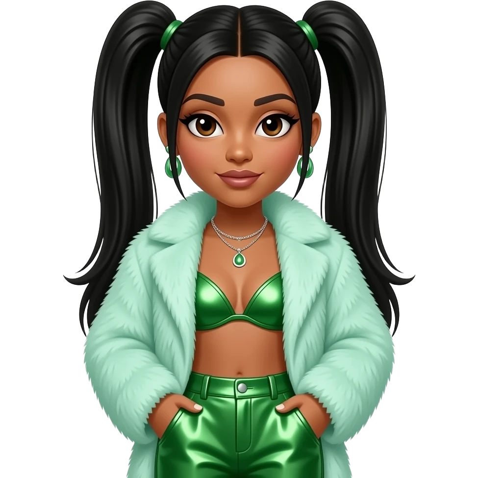Lisa Left Eye Lopes from TLC with medium brown skin, dark brown eyes, black straight two high ponytail hair, mint green fur coat, green metallic bra, green metallic baggy pants, necklace and earrings emoji