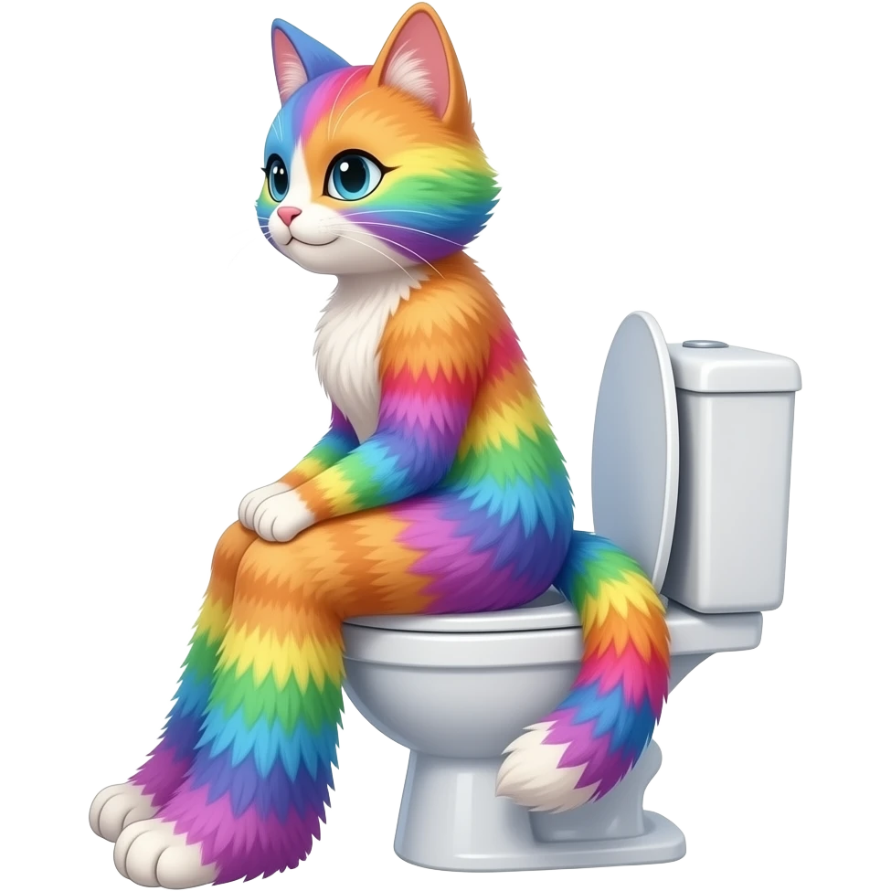 Female rainbow fur cat furry woman person,sit on toilet,fursona,side view emoji