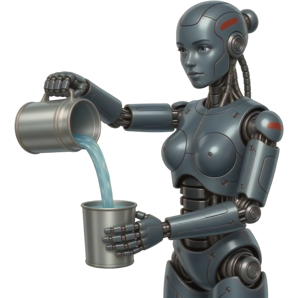 full body, full length body,  Mechanical female robot made of dark gray metal with black and red markings Pouring water from a steel container, full length body, no human features, robot face, robot head emoji