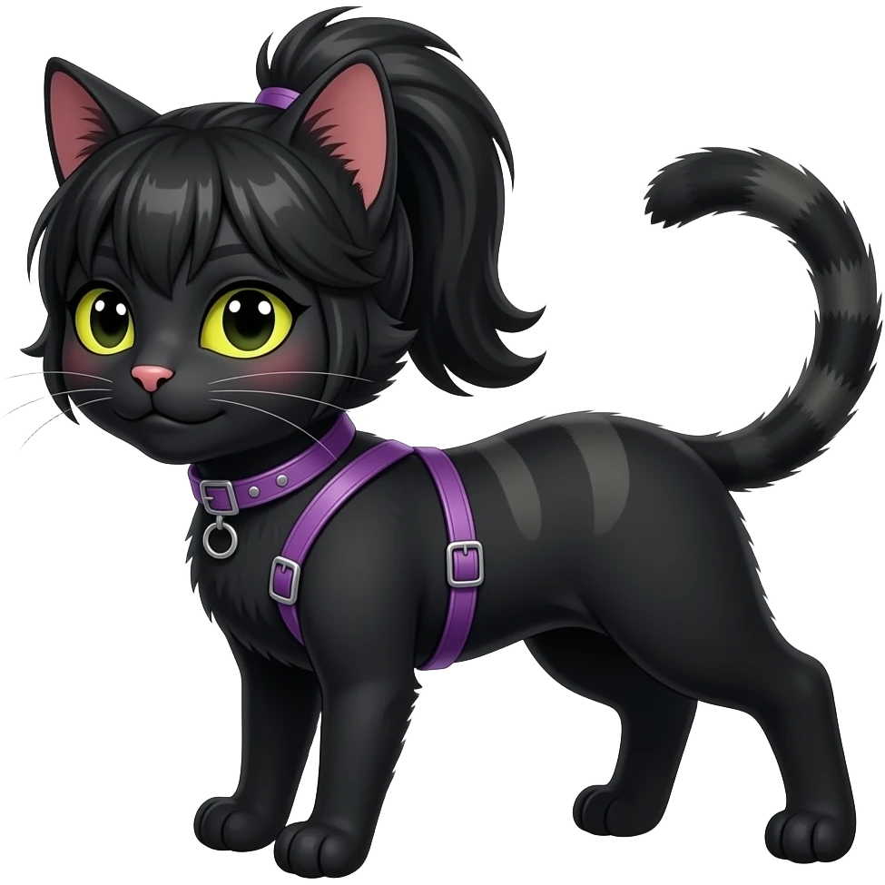 Gorgeous furry tomboy-hairstyles anthropomorphic digitigrade human-like gothic dark techwear anime style anthro black cat furry sona Fakemon with blushing face yellow-green eyes with ponytail, aesthetic and pretty edgy black with violet collar and harness trending style emoji