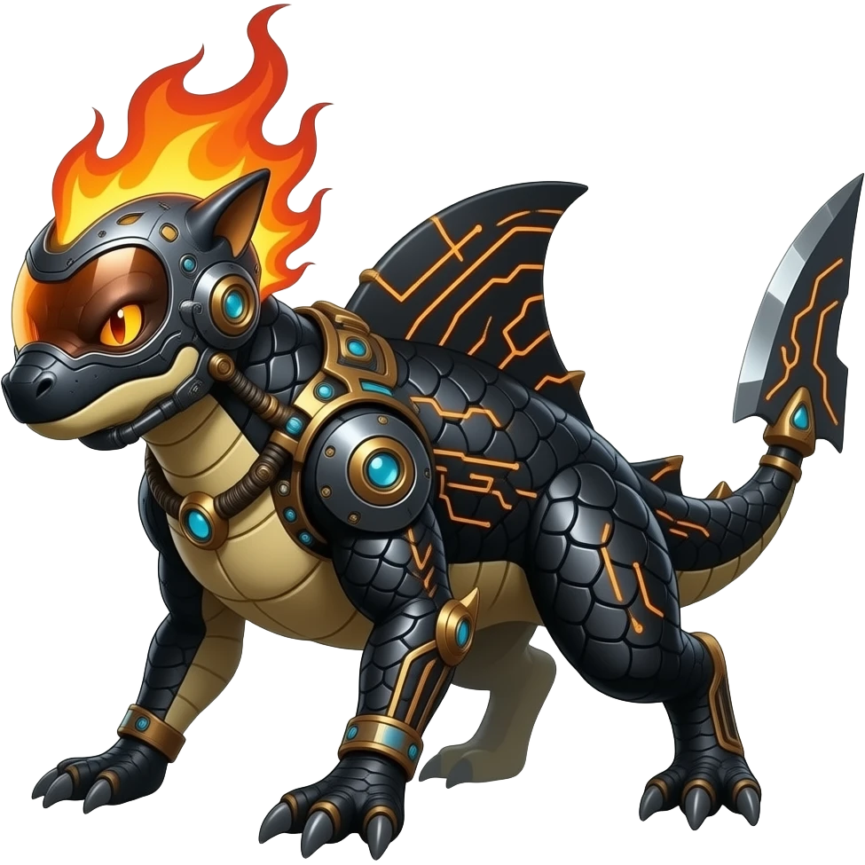 Cool edgy fiery bipedal scaly cybernetic visor-helmeted, Circuitry-patterned black-scaled digitigrade futuristic fantasy-Cyberpunk-Steampunk-Solarpunk-Sharpedo-Garchomp-Genesect-Cyclizar-Salandit-Protogen-Fakémon-hybrid, tail blade, back spikes emoji