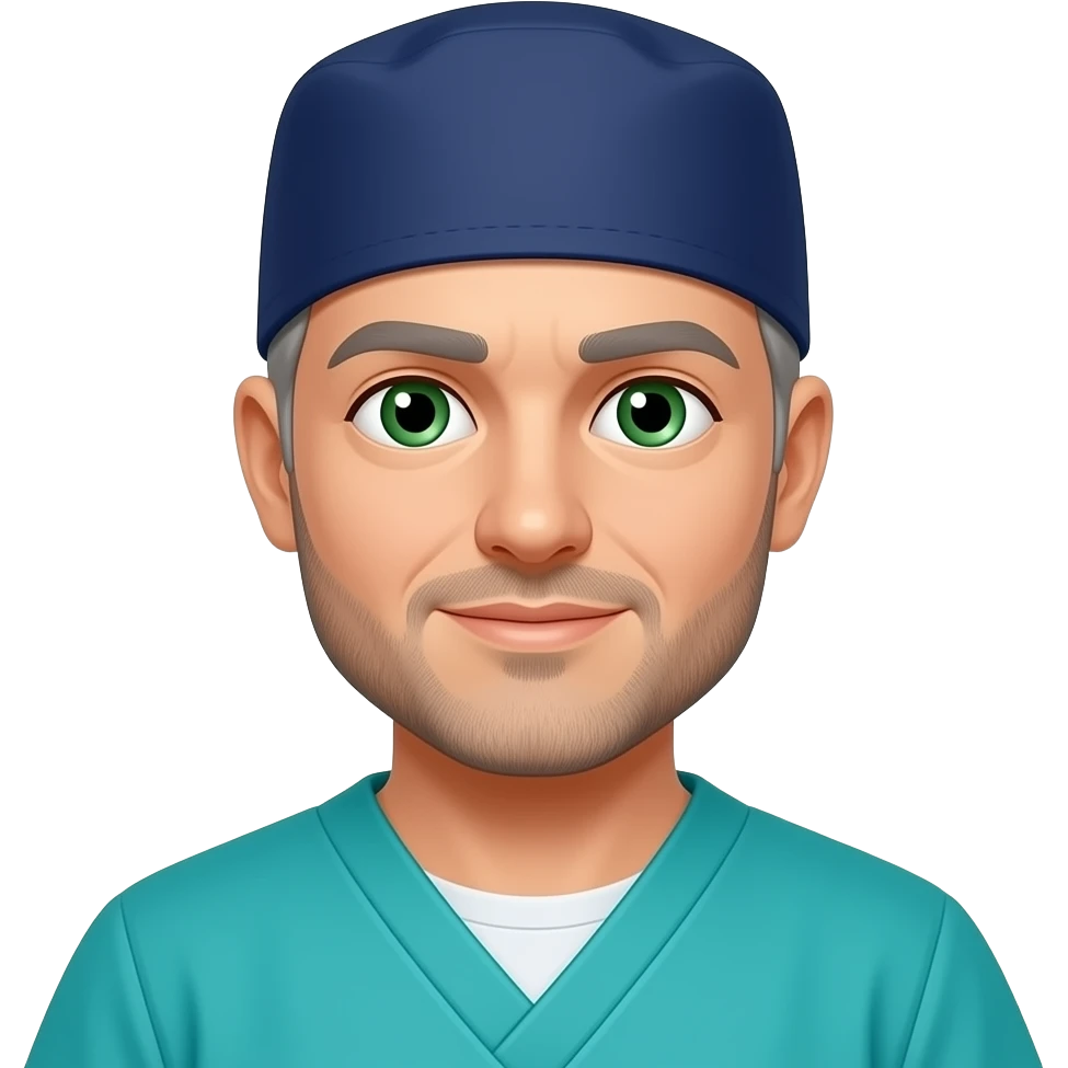 surgeon with navy cap, torquoise scrubs, green eyes, gray hair, beard stubble emoji