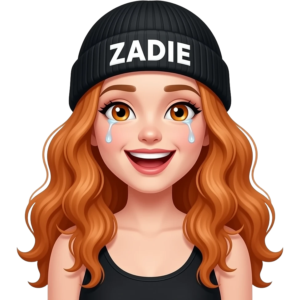 sexy girl with overlong wavy ginger hair and ginger eyes wearing a black tanktop and a black beanie with ZADIE written on it, is laughing with tears in her eyes emoji