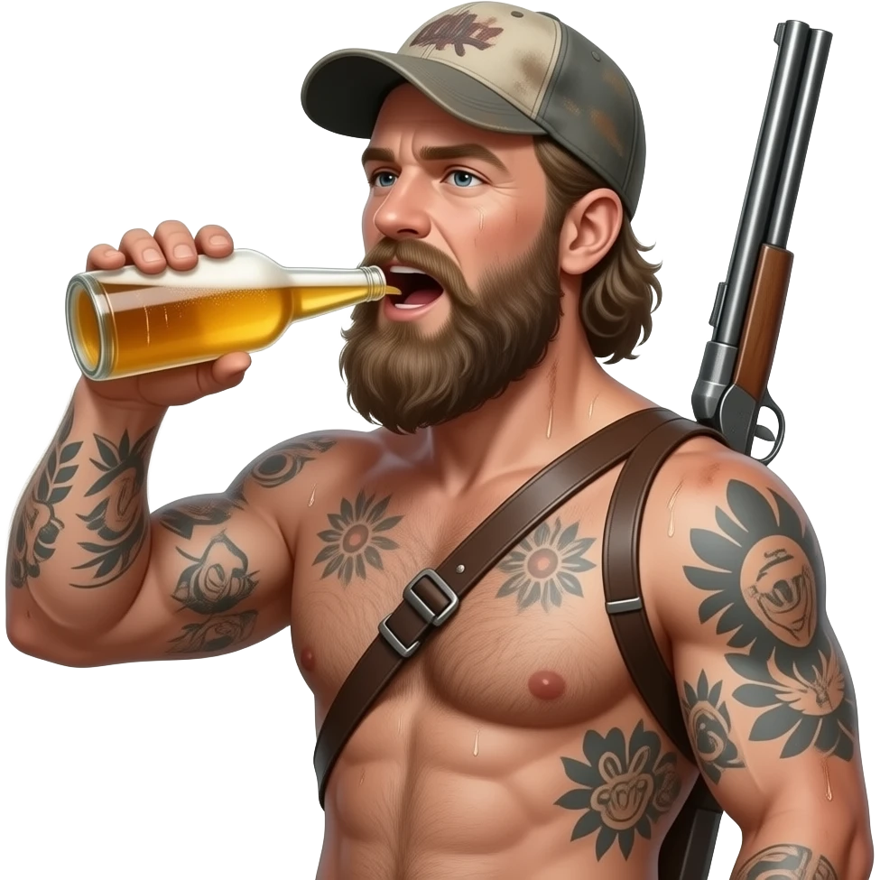 Portrait von einem nackten, typischen redneck mit alten cap und tattoos. Er ist maskulin, behaart. Seine Haut ist staubig und verschwitzt. Er gießt sich von oben ein Bie in den offen Mund, er hat eine Schrotflinte um seinen Rücken umgehängt. Er hat ein ungepflegten, zottligen lange Bart. emoji