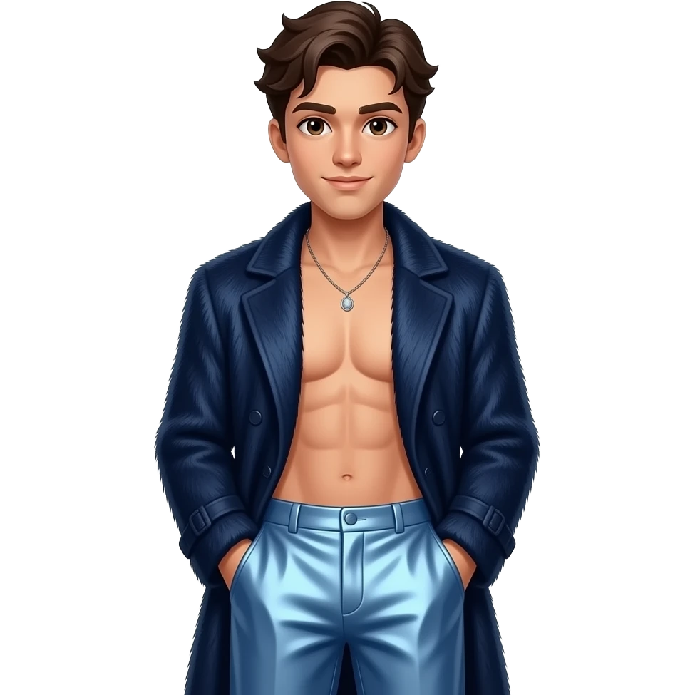 Jonathan Bailey with brown eyes, dark brown hair, navy blue fur coat, periwinkle metallic baggy pants, shirtless with necklace emoji