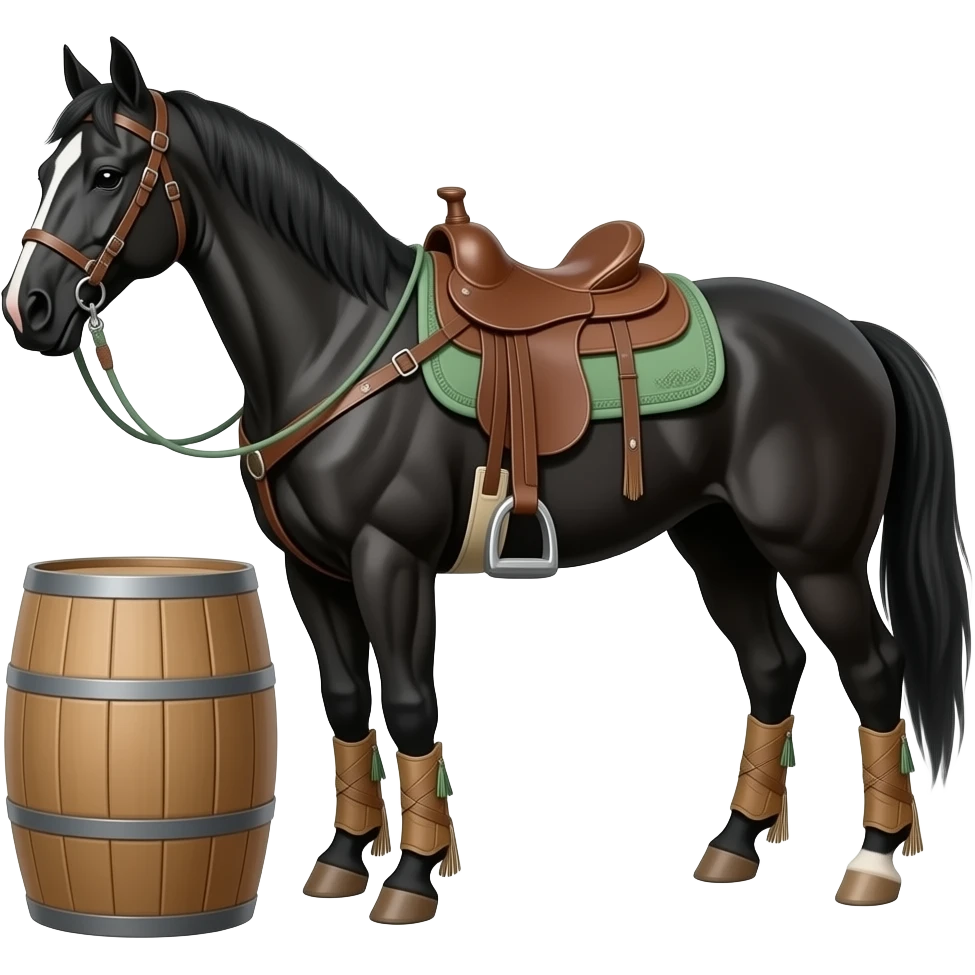 ottb black gelding turning the third barrel with western tack and sage green saddle pad, splint boots,Bell boots, fringe, and sage green reins emoji