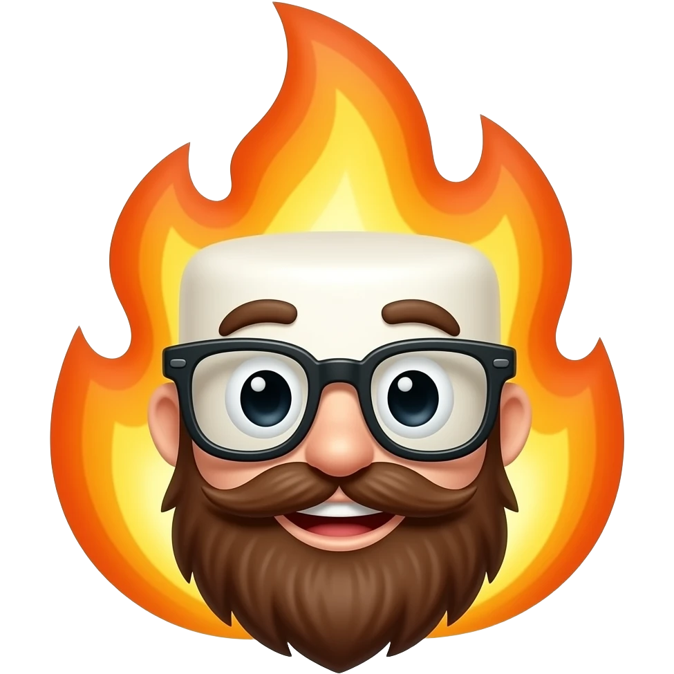 smiling marshamallow on fire with a brown beard and glasses emoji