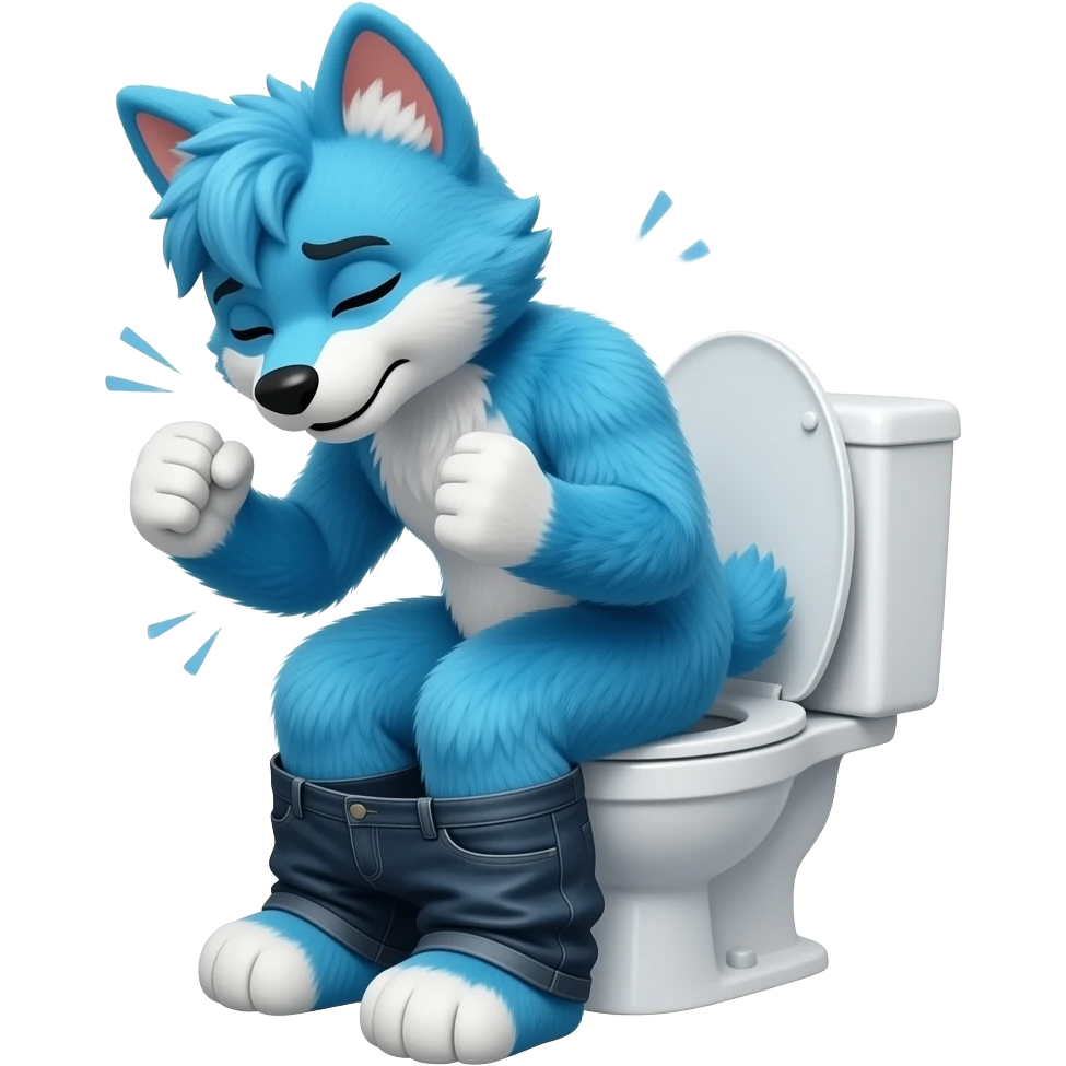 blue fursuit sitting on toilet, side view, pants down, straining, both fists, eyes closed, pushing, squeezing emoji